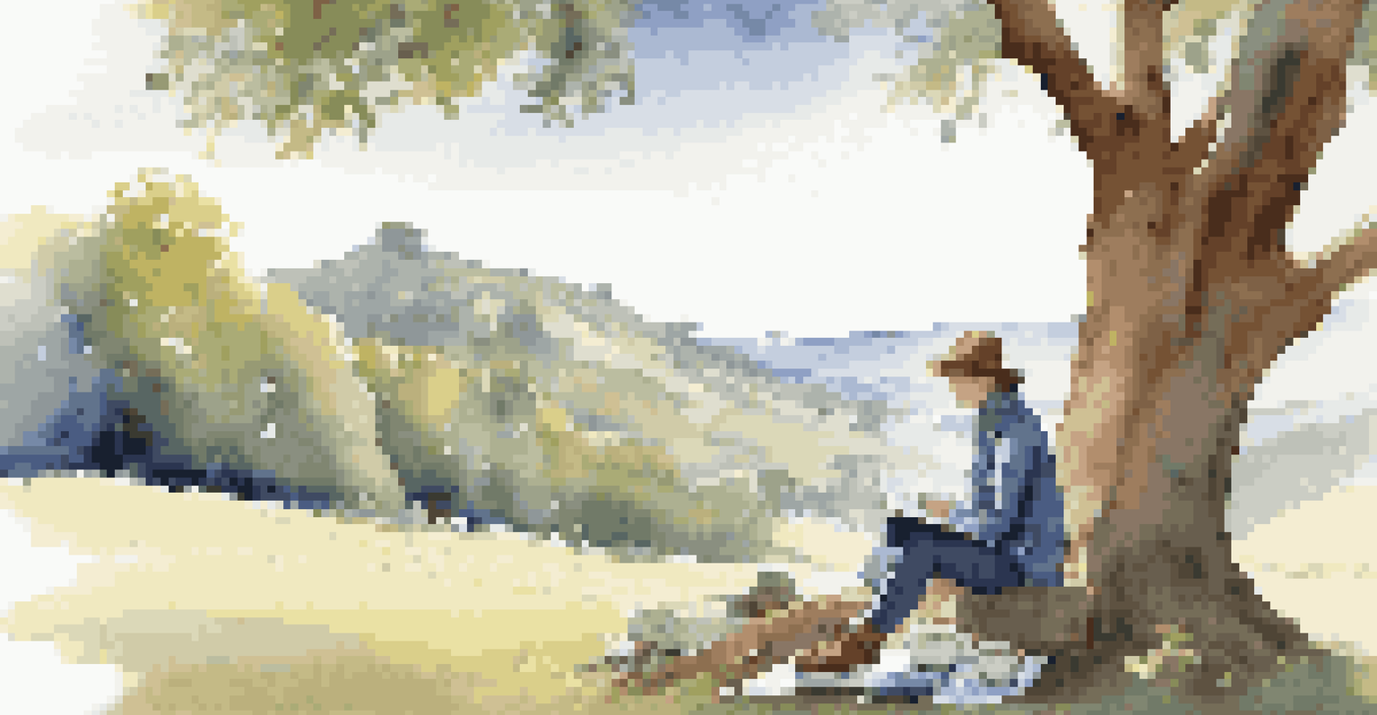A volunteer journaling under a large tree in a serene park, with a notebook and tea, surrounded by hills and a clear sky.