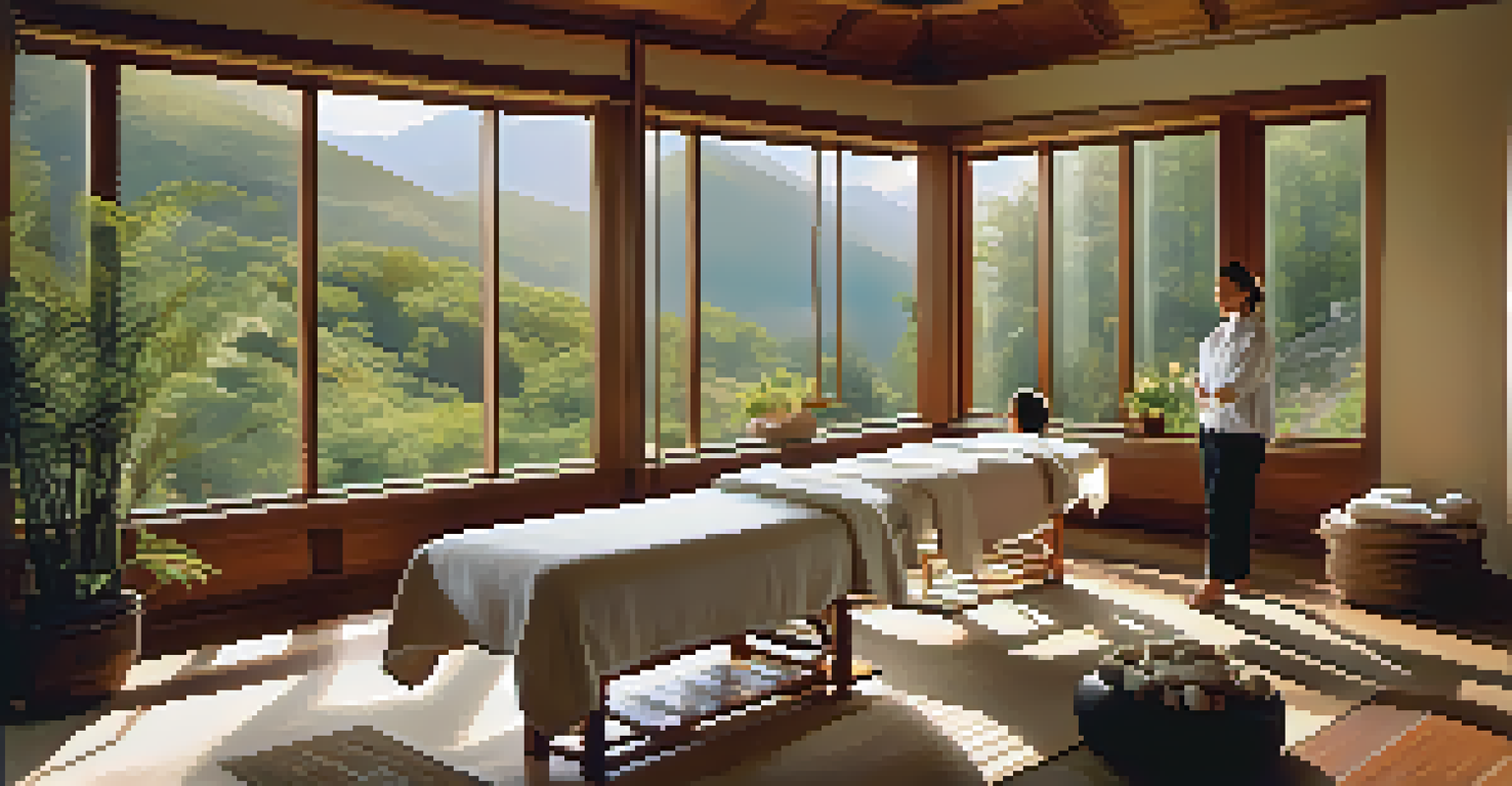 A couple receiving a couples' massage in a serene spa retreat environment, surrounded by calming decor.