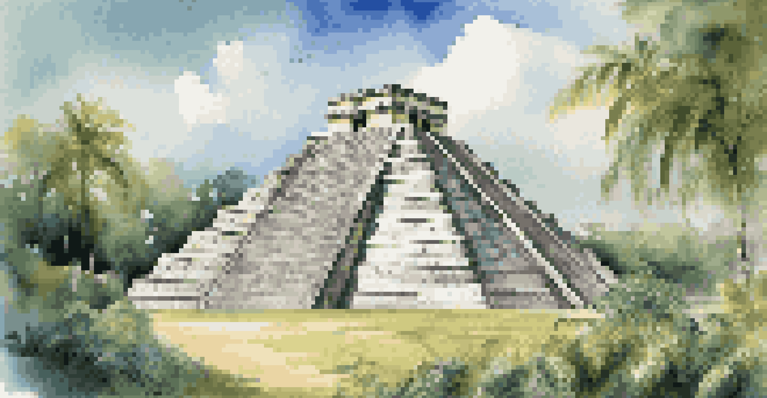 The pyramid of El Castillo at Chichen Itza surrounded by green plants and tourists exploring the site.