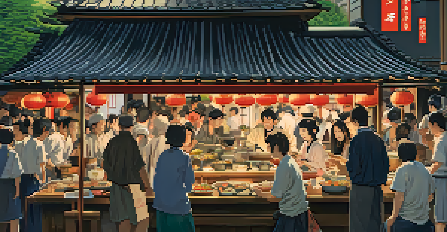 A busy food stall at Gion Matsuri, with a vendor serving traditional Kyoto dishes in a lively festival atmosphere.