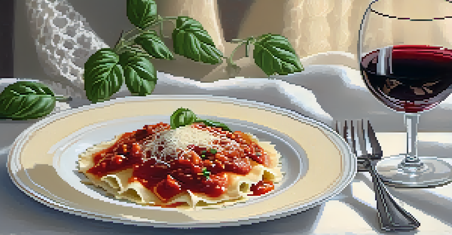 A plated dish of ravioli with tomato basil sauce and parmesan, surrounded by candlelight and a glass of red wine.