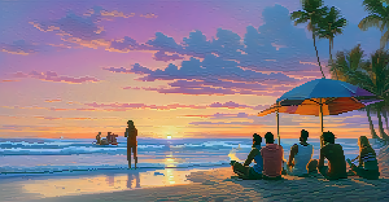 Friends around a campfire on the beach checking smartphones at sunset.