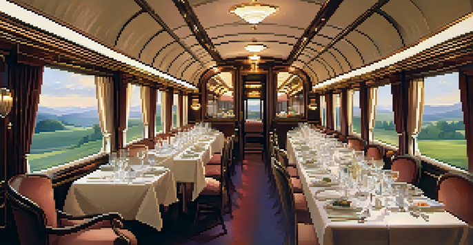An elegant dining car on the Orient Express with fine dining setup, soft lighting, and scenic views outside.