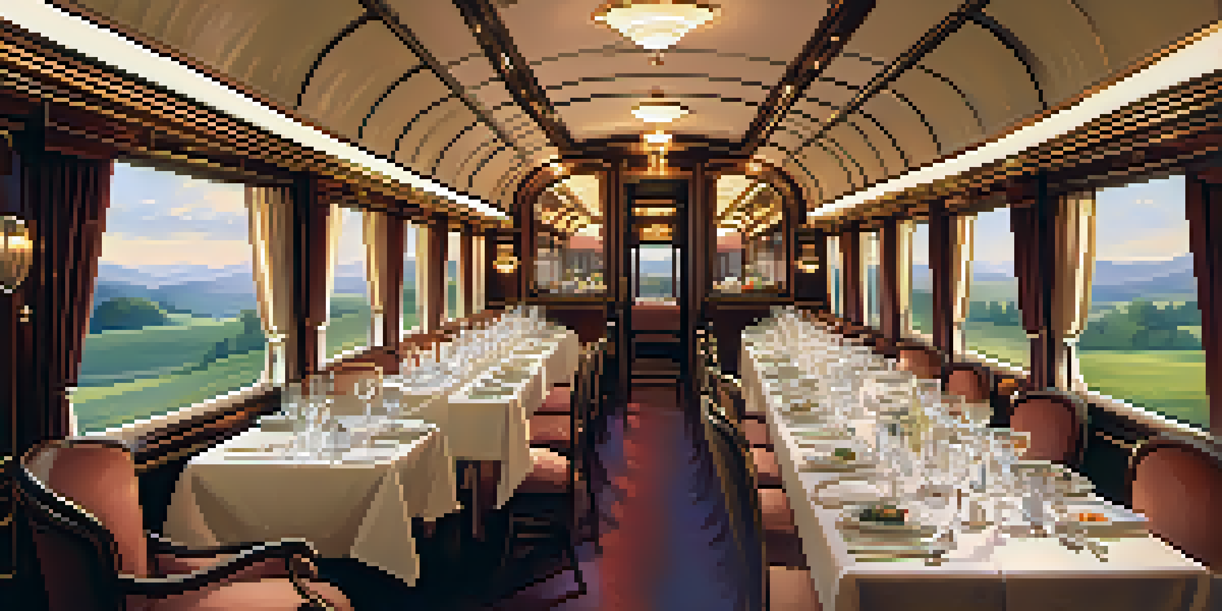 An elegant dining car on the Orient Express with fine dining setup, soft lighting, and scenic views outside.