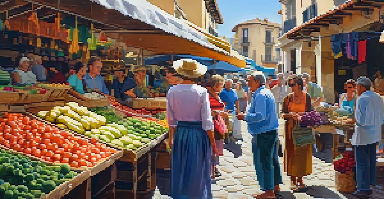 A lively local market in Spain with a traveler chatting with a vendor, surrounded by colorful fruits and crafts.