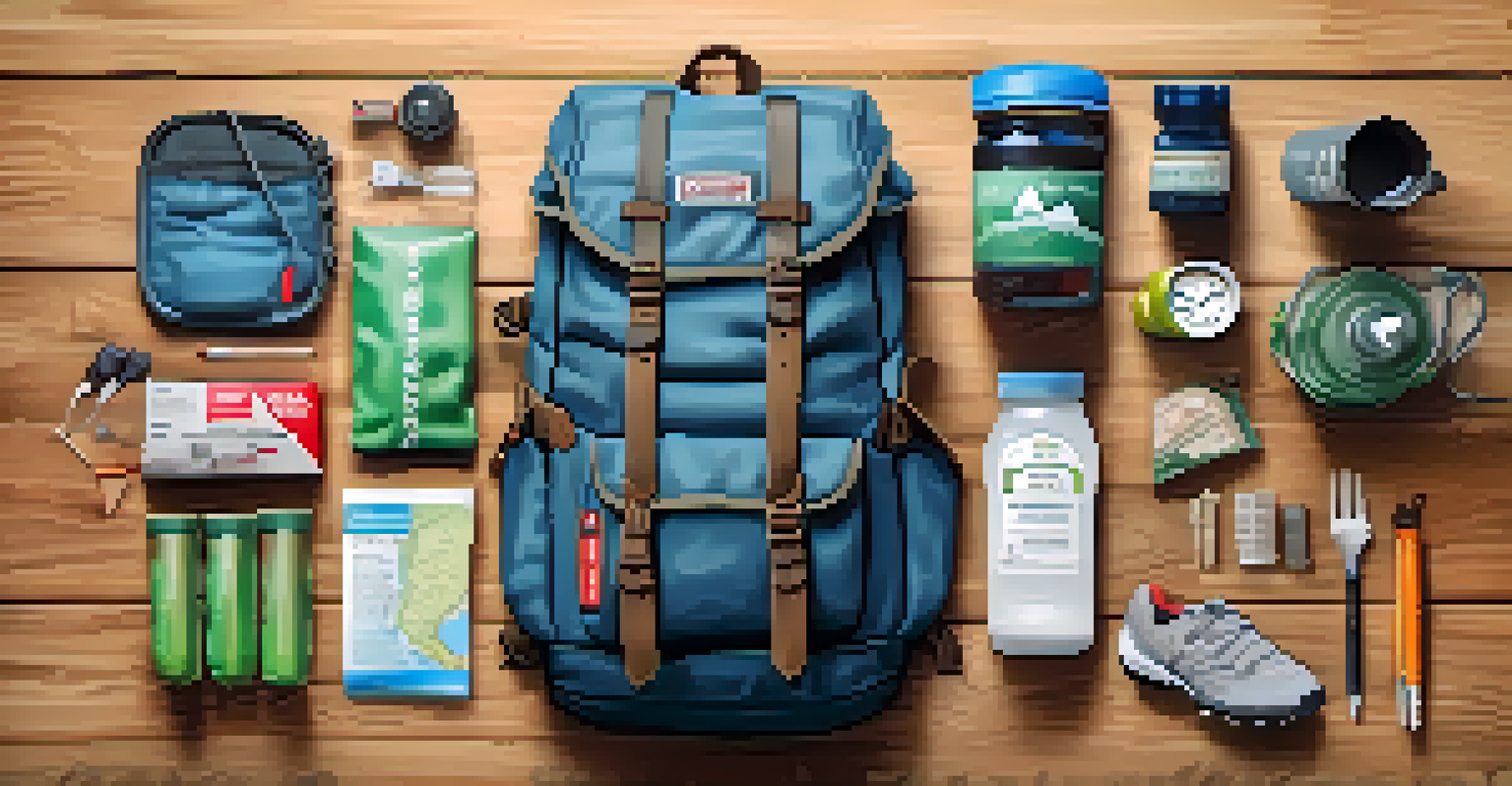An open backpack on a wooden table, showing packed essentials for hiking, including a first aid kit, snacks, and a map.