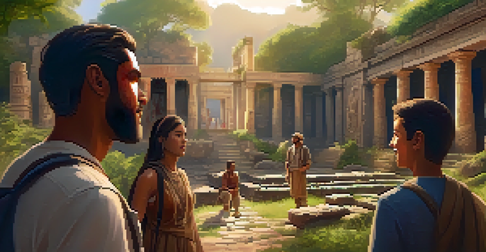 A local guide interacts with a small group of travelers in front of ancient ruins, with sunlight illuminating the scene.