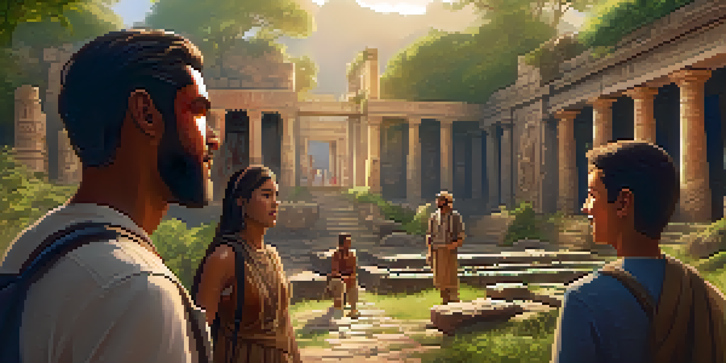 A local guide interacts with a small group of travelers in front of ancient ruins, with sunlight illuminating the scene.