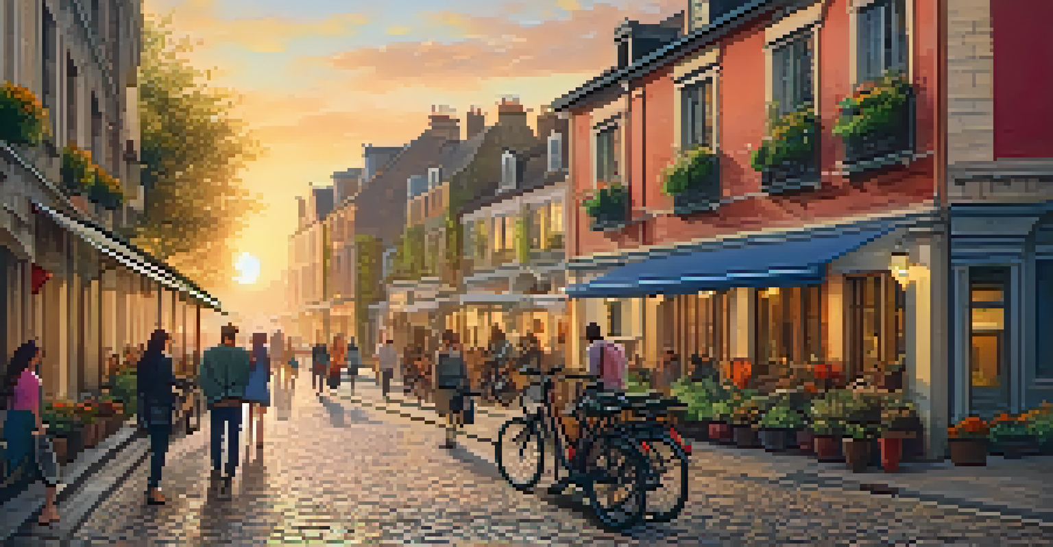 A colorful city scene with people walking on cobblestone streets and bicycles parked, illuminated by sunset light.