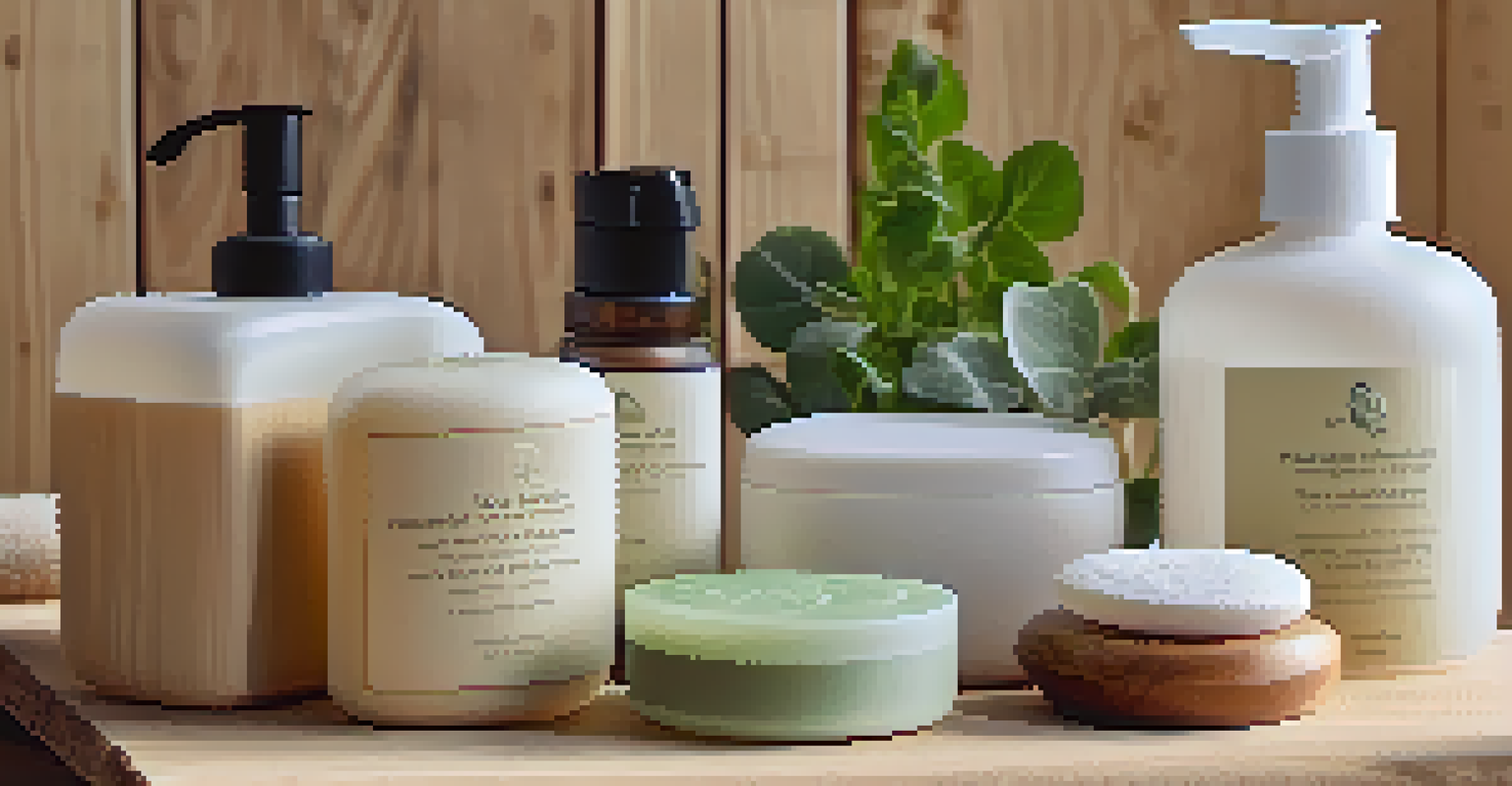 A collection of eco-friendly toiletries including solid shampoo bars and biodegradable soap arranged on a wooden surface with greenery in the background.