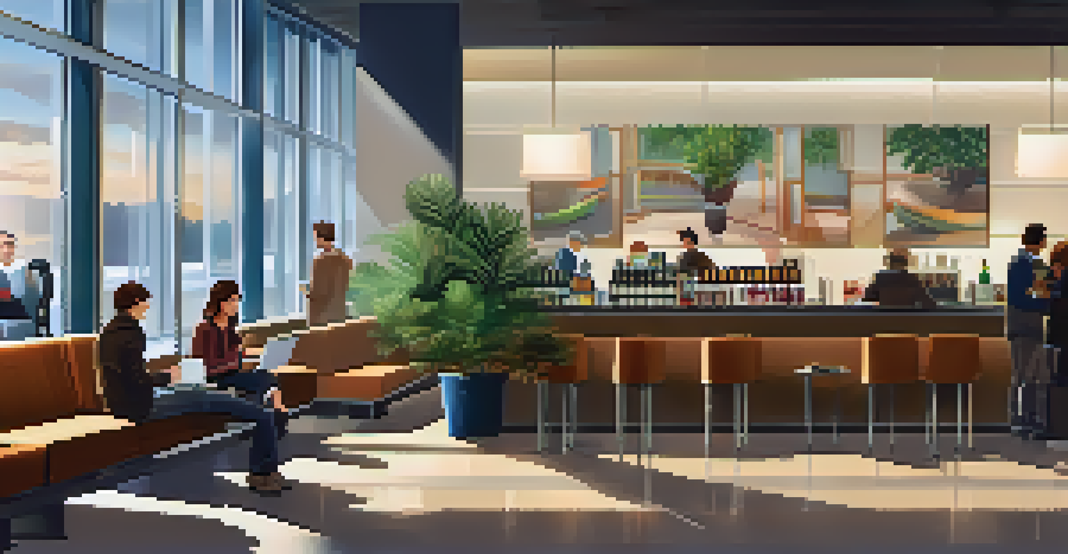 A peaceful airport lounge with comfortable seating, snacks, and a traveler working on a laptop.