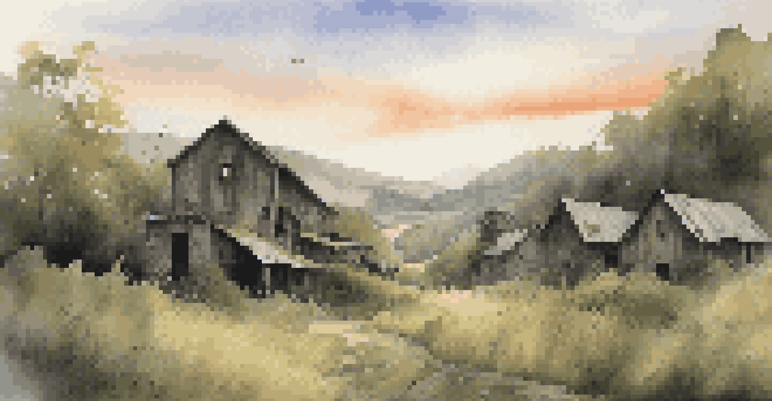An abandoned mill village with old wooden buildings and overgrown vines, set against a backdrop of rolling hills and a sunset.