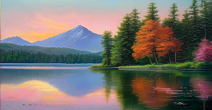 A peaceful sunrise over a calm lake, with pink and orange hues reflecting on the water, surrounded by green trees and distant mountains.