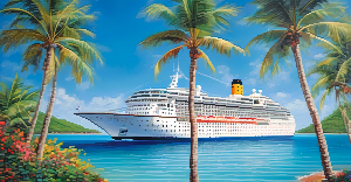 A luxurious cruise ship on turquoise waters with palm trees and a sunny sky in the background.