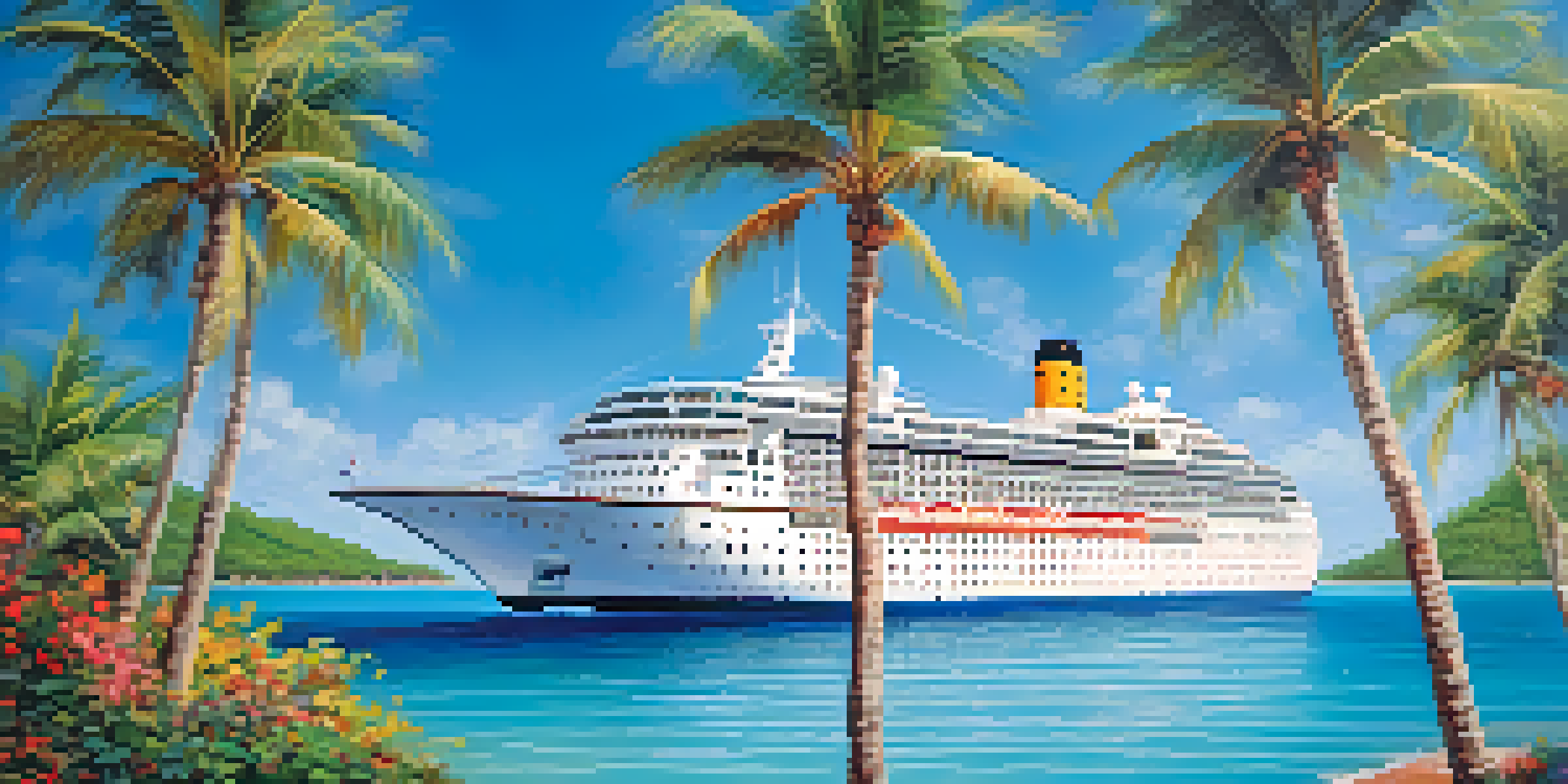 A luxurious cruise ship on turquoise waters with palm trees and a sunny sky in the background.