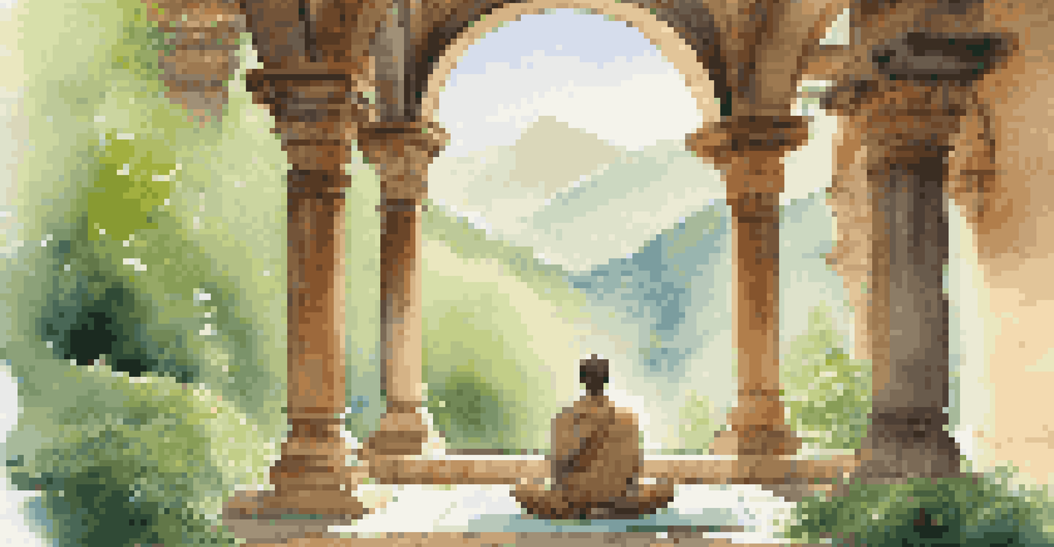A person meditating in a serene monastery setting surrounded by mountains and soft cushions.