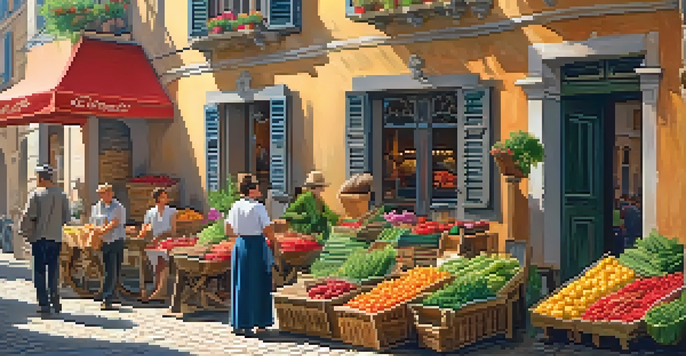 A lively street scene in a European village with locals talking and a vendor selling fresh produce.