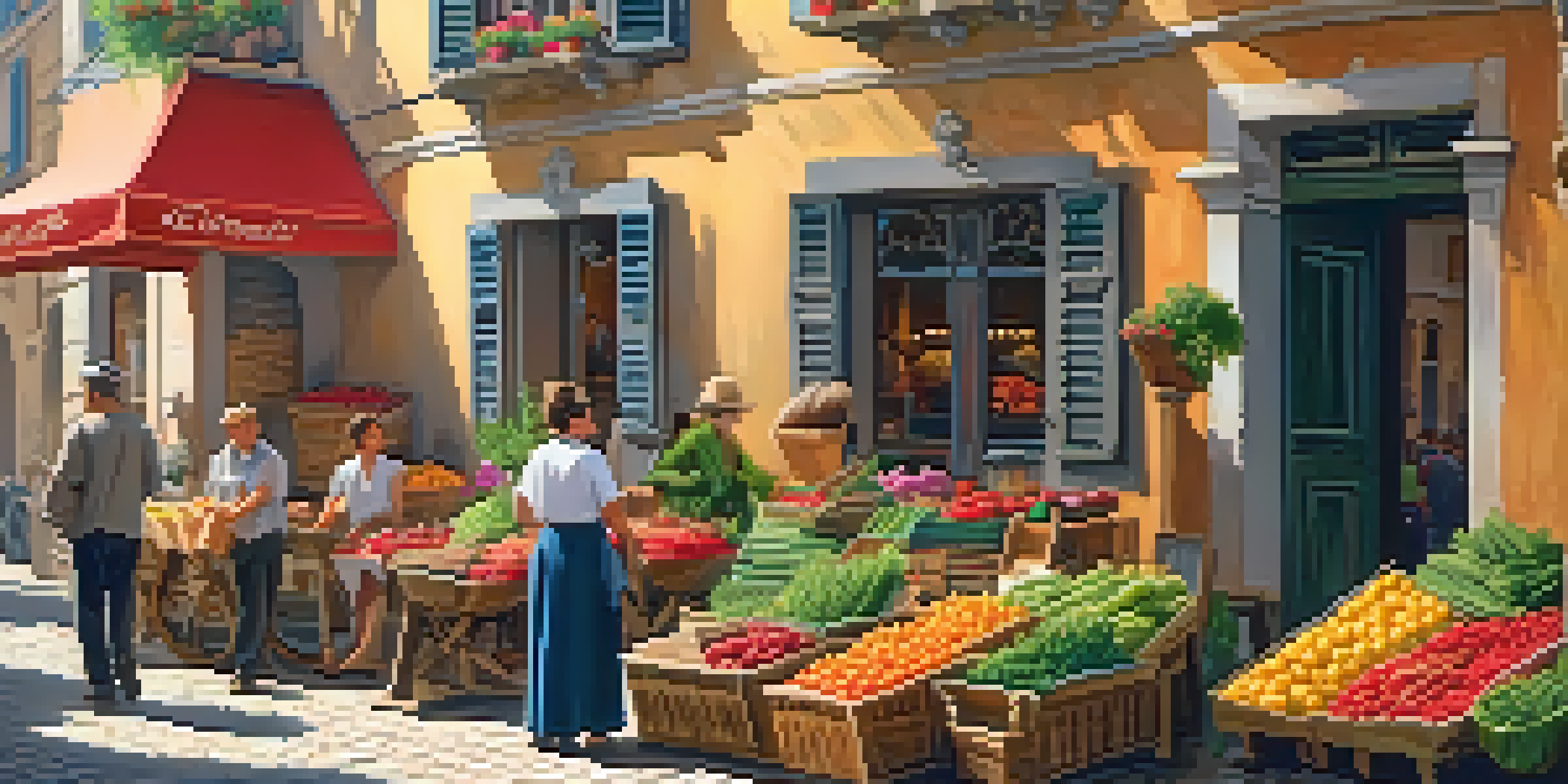 A lively street scene in a European village with locals talking and a vendor selling fresh produce.