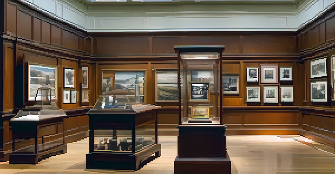 Interior of a local history museum with vintage photographs and artifacts under warm lighting, showcasing visitors engaging with the exhibits.