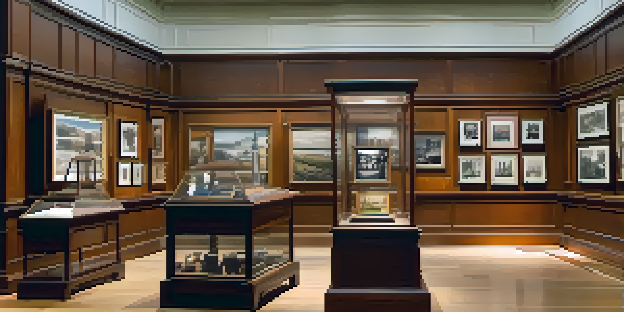Interior of a local history museum with vintage photographs and artifacts under warm lighting, showcasing visitors engaging with the exhibits.