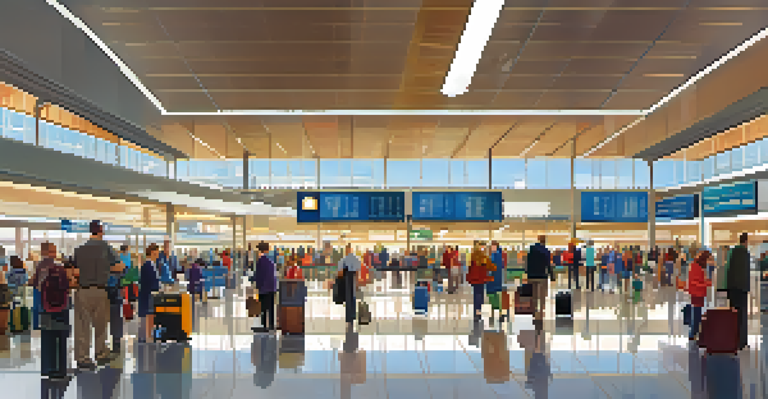 A busy airport terminal with diverse travelers checking in and using mobile devices, illuminated by bright lights.