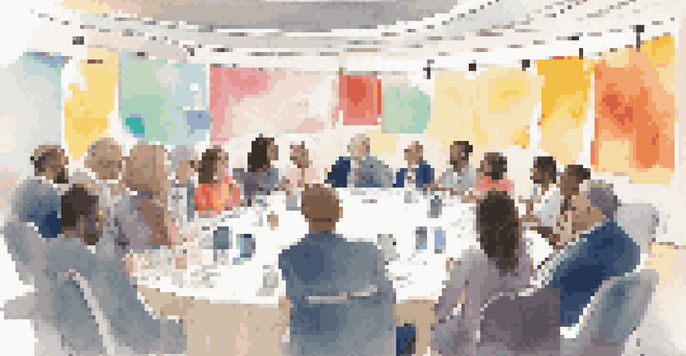 A diverse group of professionals engaging in discussion at a conference, surrounded by colorful banners and posters.