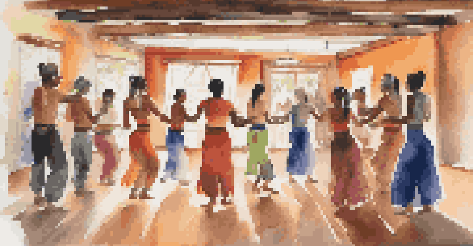 Participants in a cultural workshop learning traditional dance moves from a local instructor in a colorful setting filled with artifacts.