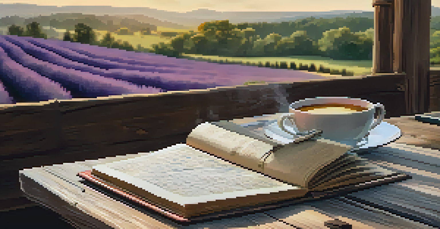A travel journal with handwritten notes, a landscape photograph, a cup of tea, and lavender on a wooden table.