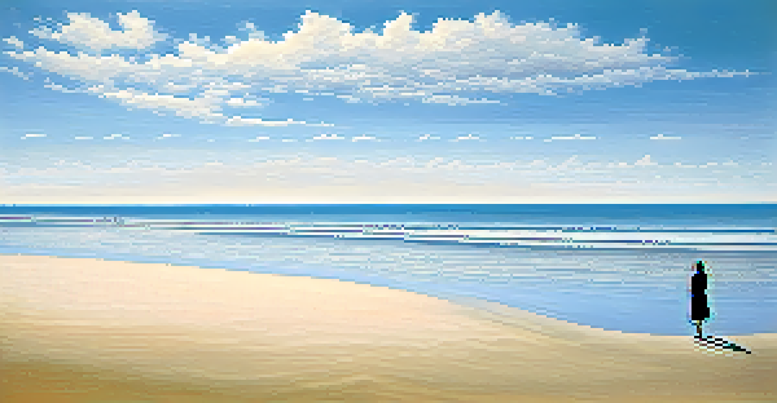 A lone person standing on a serene beach, looking at the ocean with a clear blue sky, surrounded by empty space.