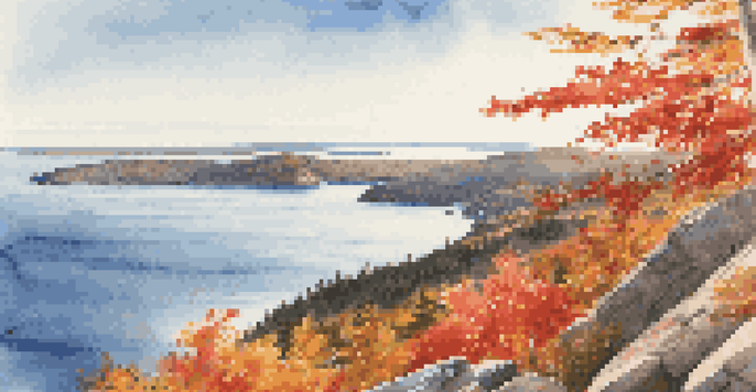 A scenic view of Acadia National Park in Maine, featuring autumn foliage in vibrant red and orange colors alongside a blue ocean, viewed from Cadillac Mountain under warm sunlight.