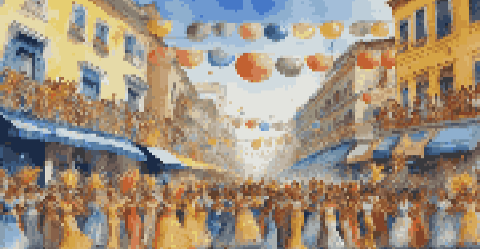 A vibrant street scene of Rio Carnival with colorful floats, dancers in costumes, and a joyful crowd celebrating.