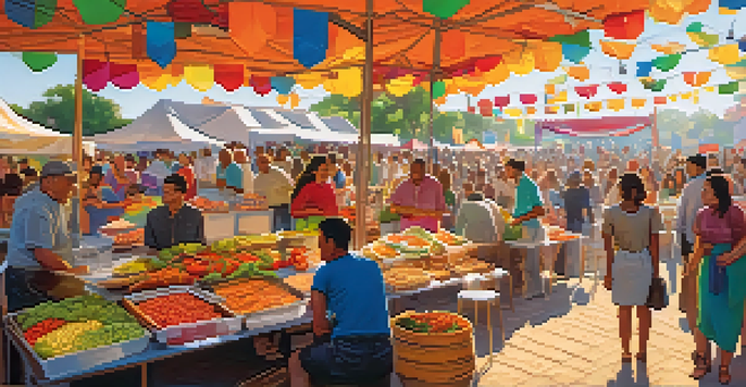 A lively food festival with colorful stalls and a diverse crowd enjoying local dishes under warm sunlight.