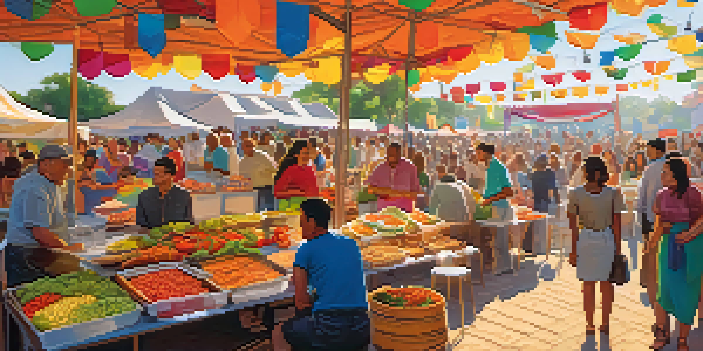 A lively food festival with colorful stalls and a diverse crowd enjoying local dishes under warm sunlight.