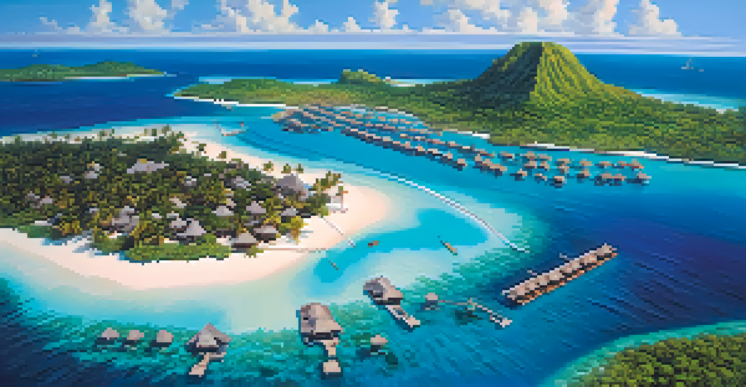 Aerial view of the Maldives with overwater bungalows and clear turquoise waters, showcasing coral reefs and manta rays.