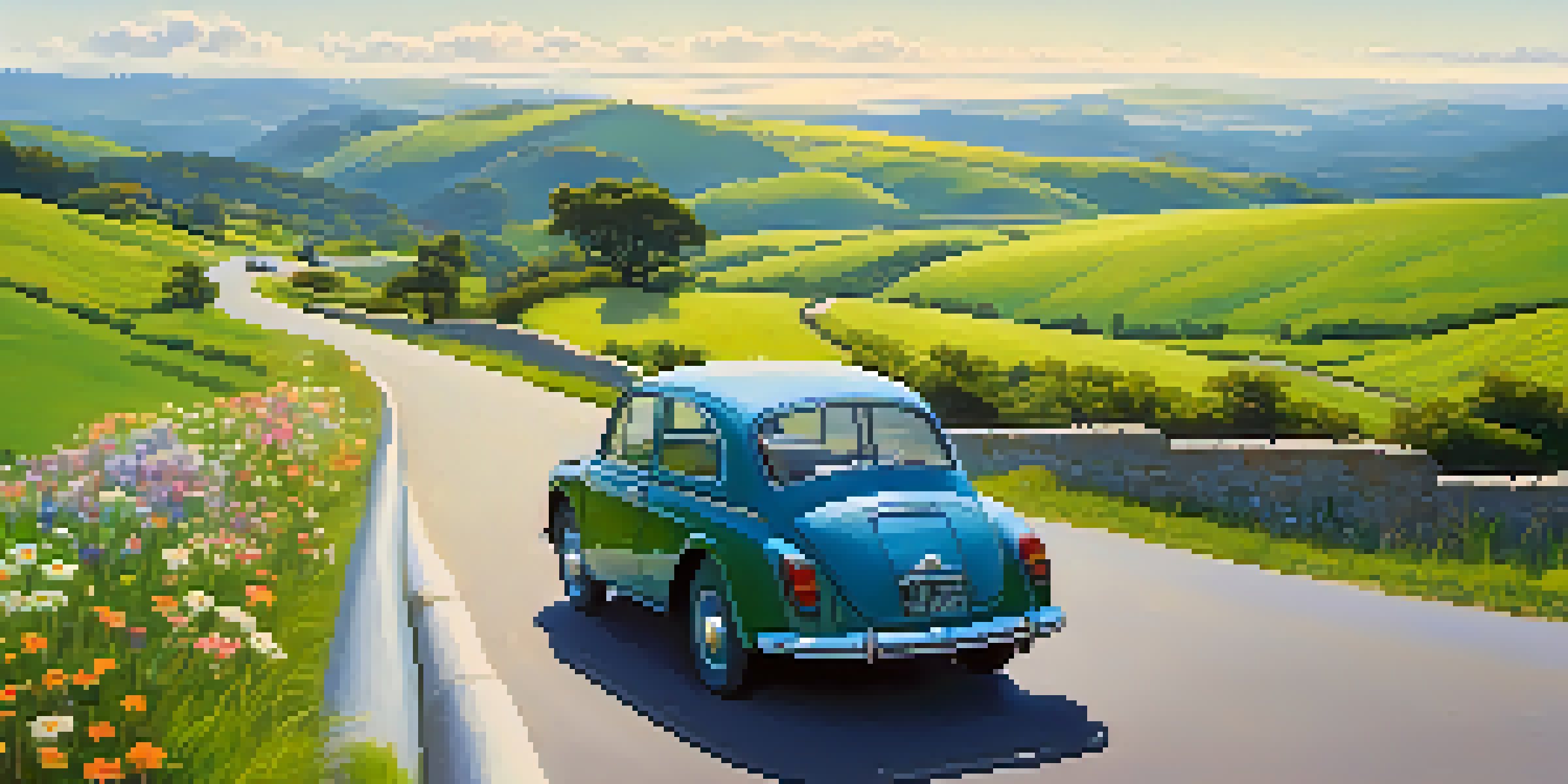 A winding road in a green hilly landscape with a parked car and a person examining a map under a bright sky.