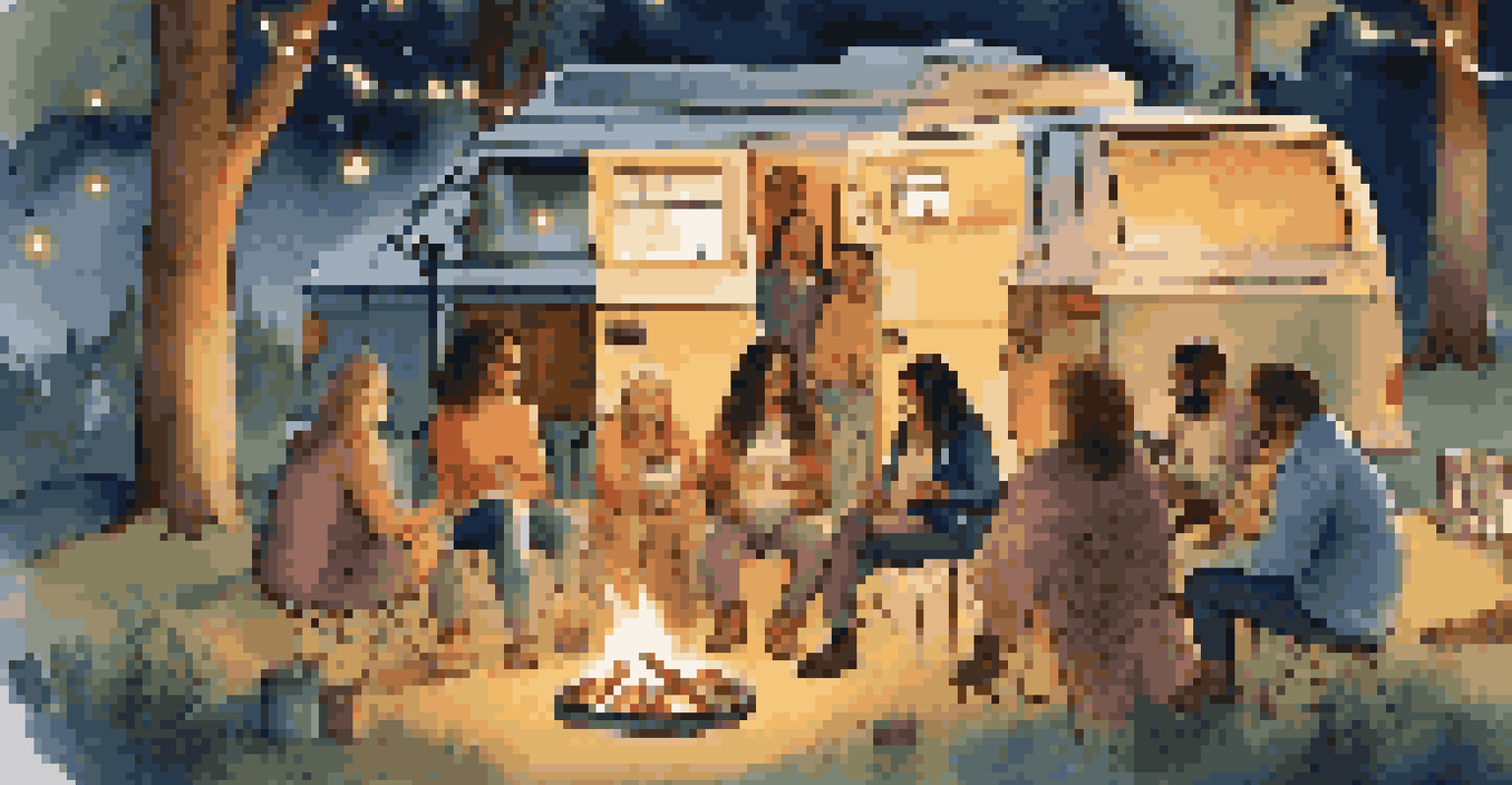 Diverse group of people at a van life meetup around a campfire in a campsite, enjoying community and connection.