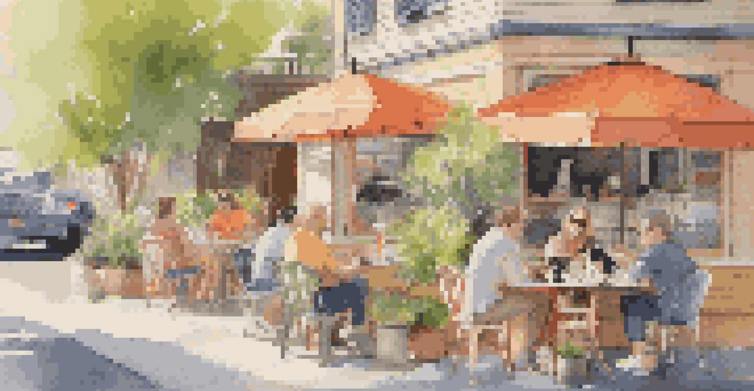 A pet-friendly café filled with dogs and their owners enjoying coffee and pastries at colorful outdoor tables.