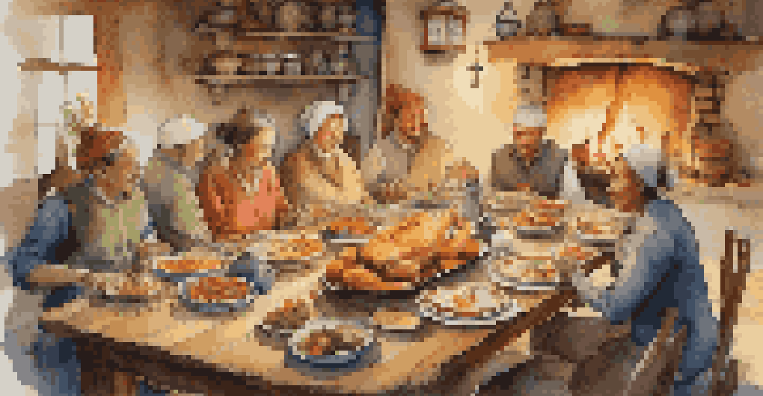 A traditional feast on a wooden table with various local dishes, surrounded by colorful tableware and soft candlelight, creating a warm dining atmosphere.