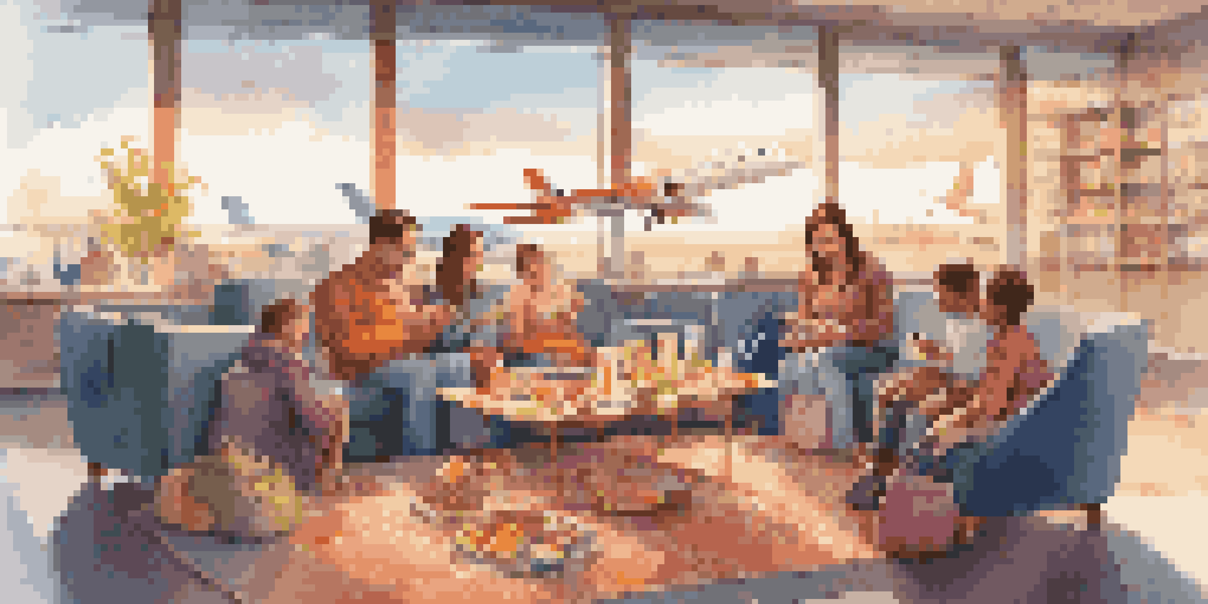 A family playing a board game in a bright airport lounge with snacks and luggage around them.