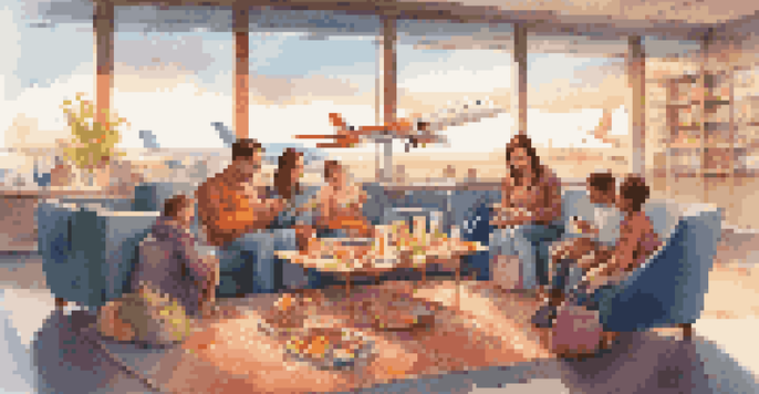 A family playing a board game in a bright airport lounge with snacks and luggage around them.