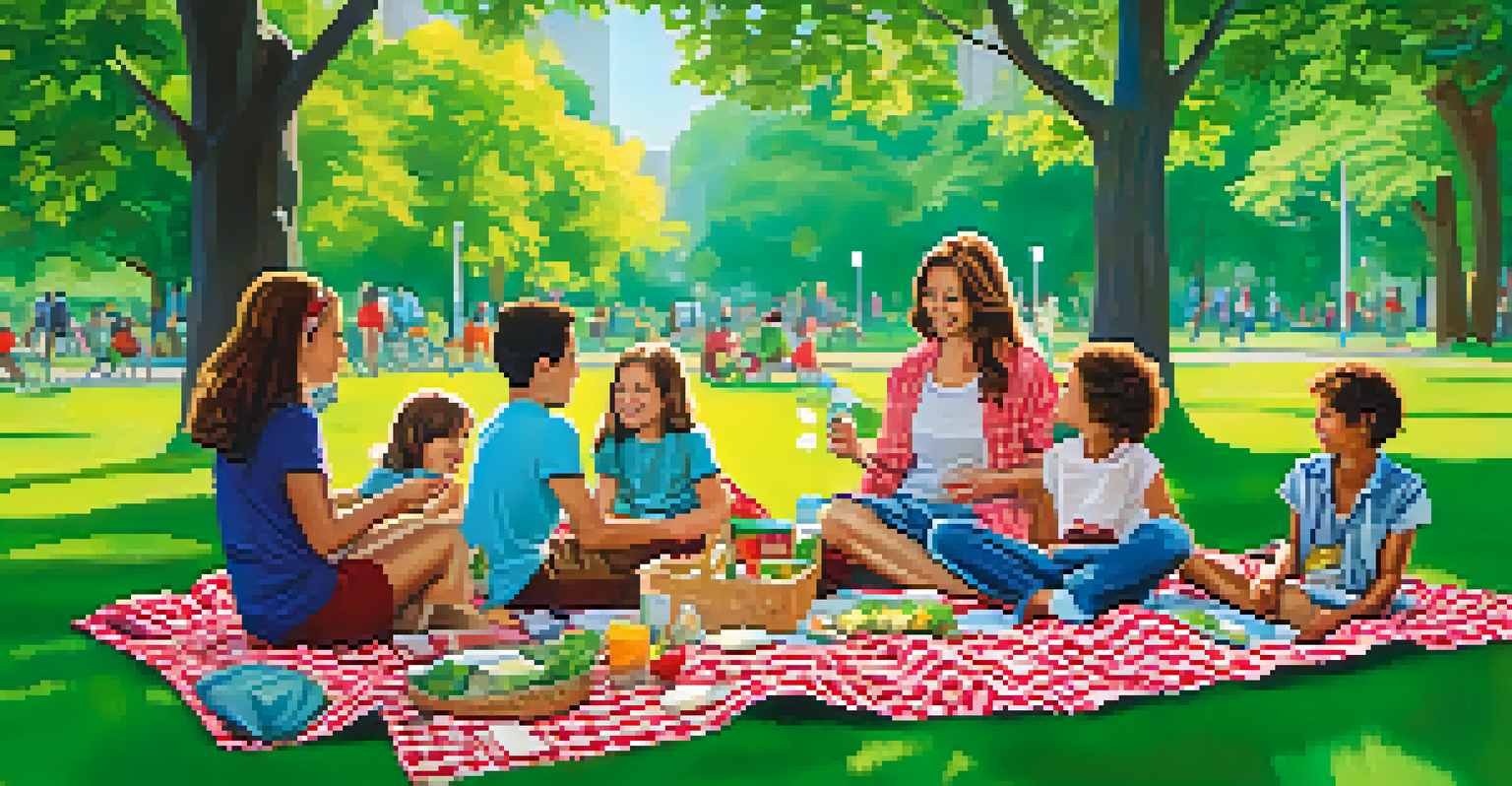 A family having a picnic in a park with children playing and a visible first-aid kit.