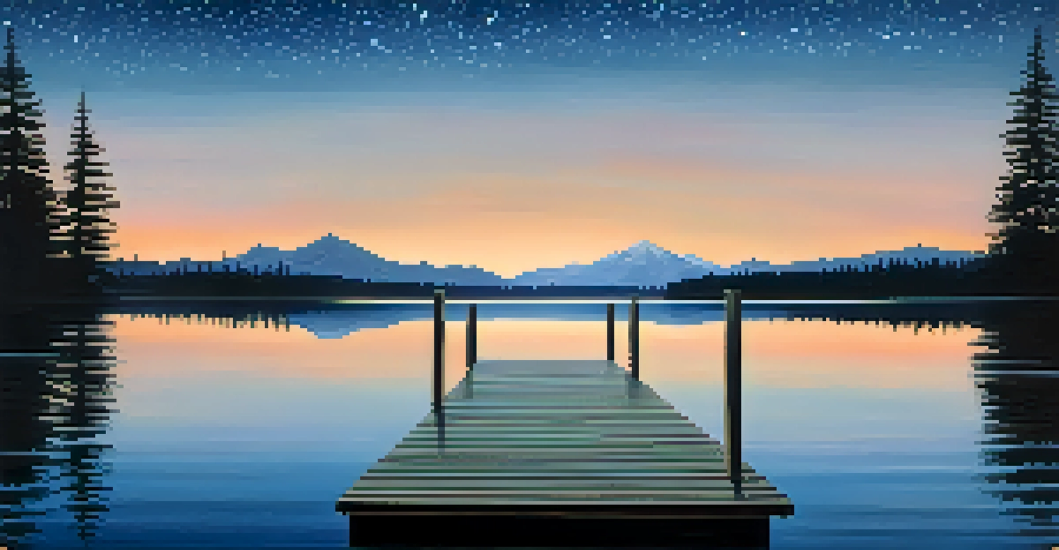 A peaceful lake at dusk with reflections of mountains and a wooden dock extending into the water.