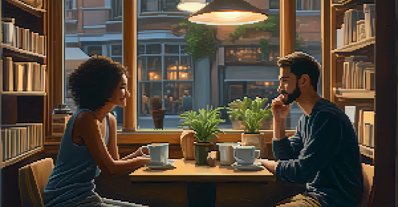 Two friends conversing in a cozy coffee shop, surrounded by warm lighting and bookshelves.