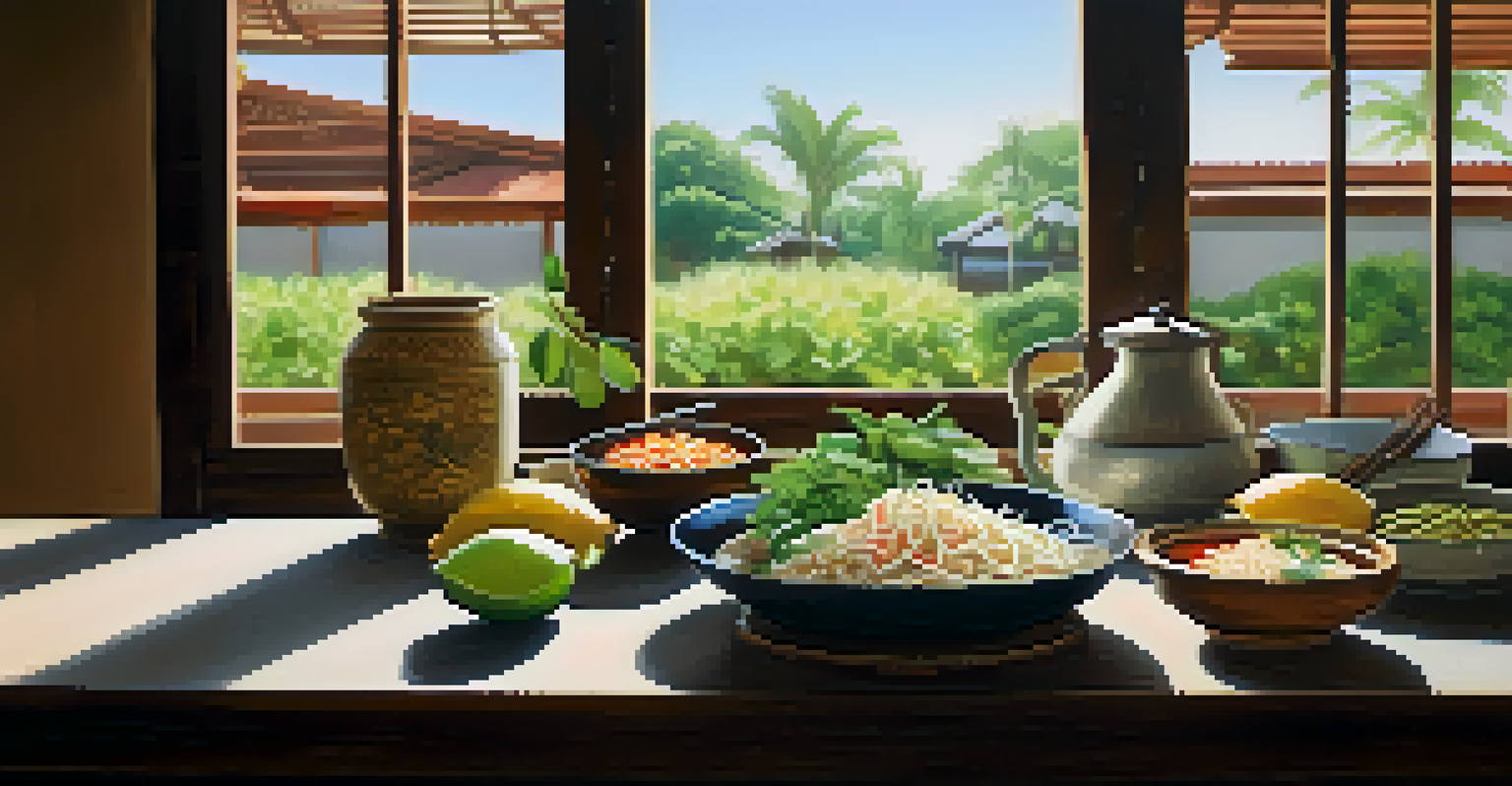 A cozy kitchen table set with fresh ingredients for Pad Thai, including noodles and shrimp, illuminated by soft natural light.