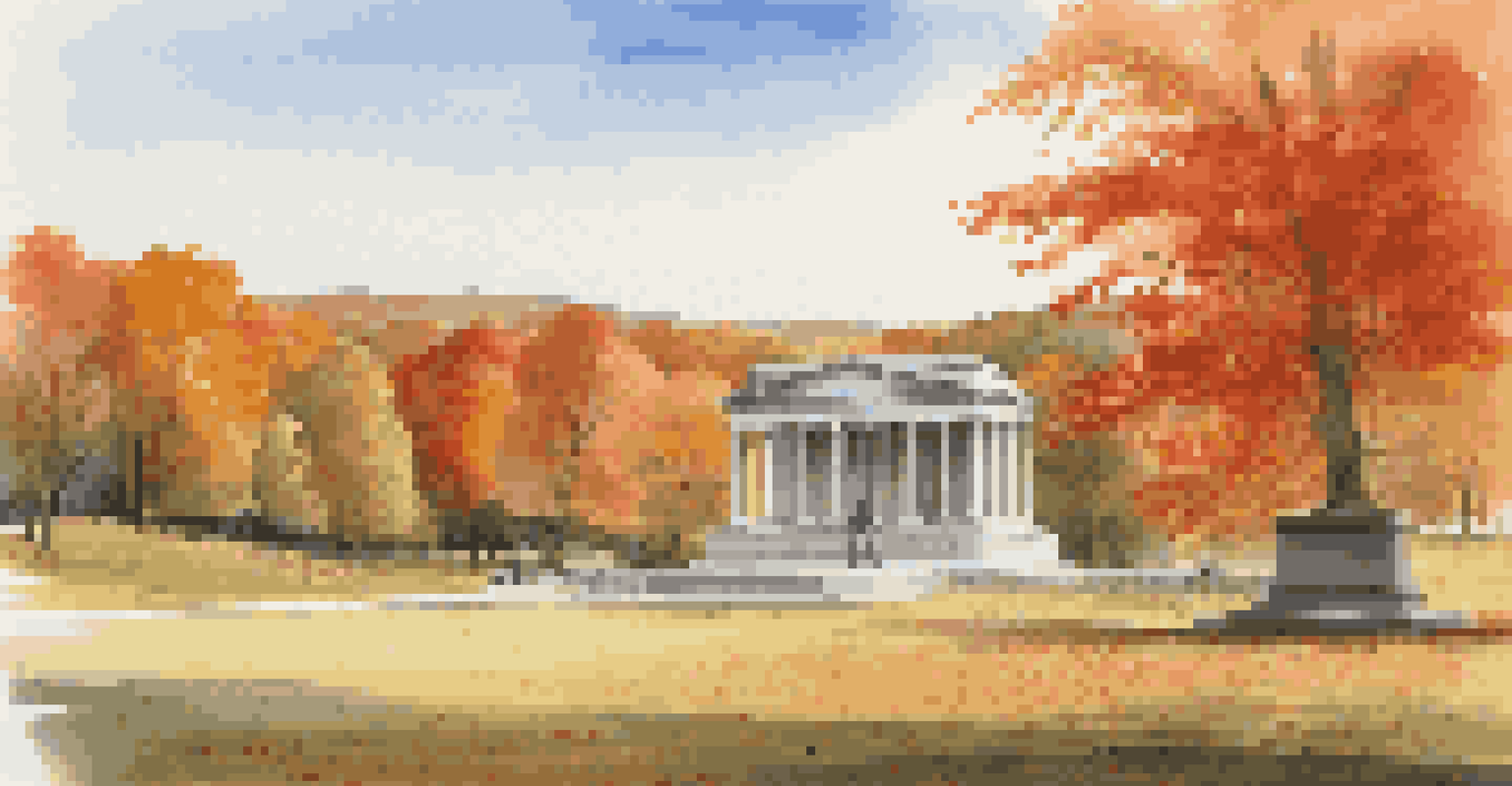 A picturesque autumn landscape featuring a monument in Saratoga National Historical Park surrounded by colorful trees.