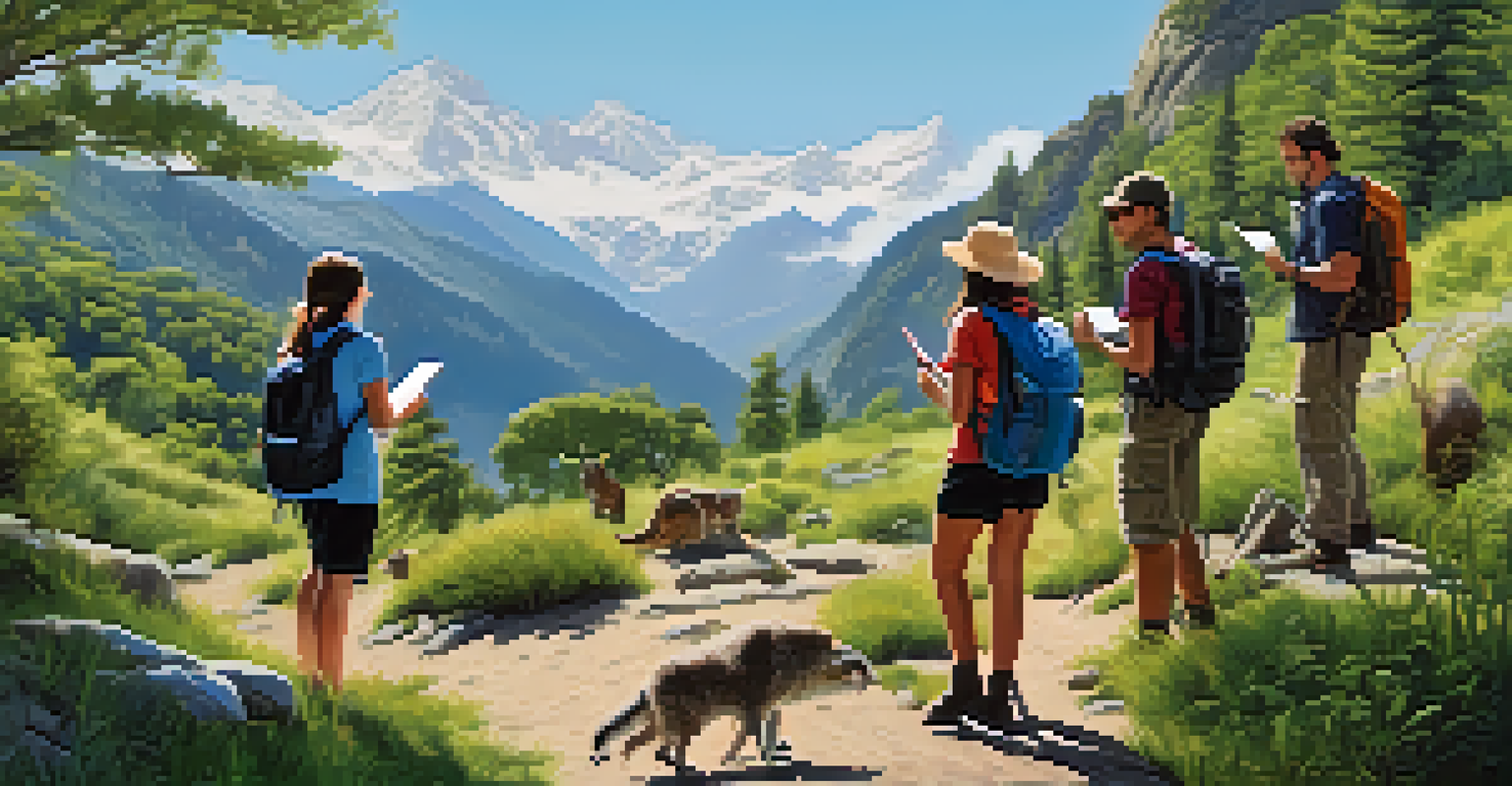 Tourists on a guided nature walk in a national park, surrounded by mountains and lush vegetation.