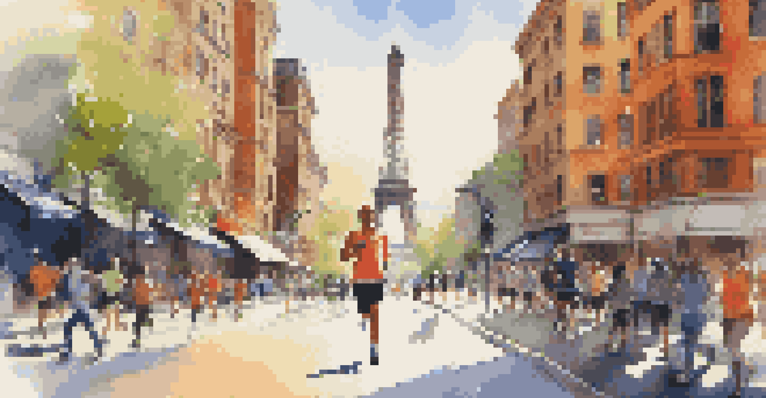 A person jogging in a lively city, with landmarks in the background and bright sunlight.