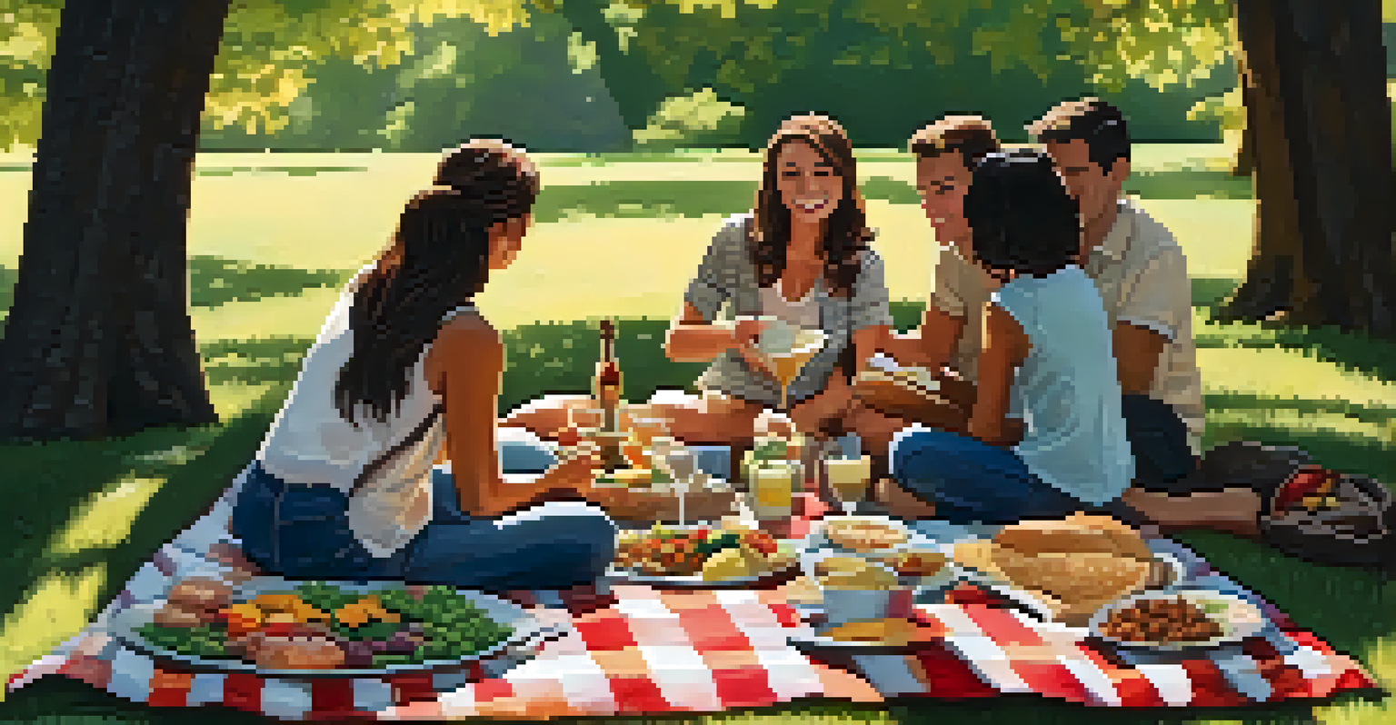 A lively outdoor picnic with friends enjoying a variety of dishes on a checkered blanket, surrounded by nature and dappled sunlight.