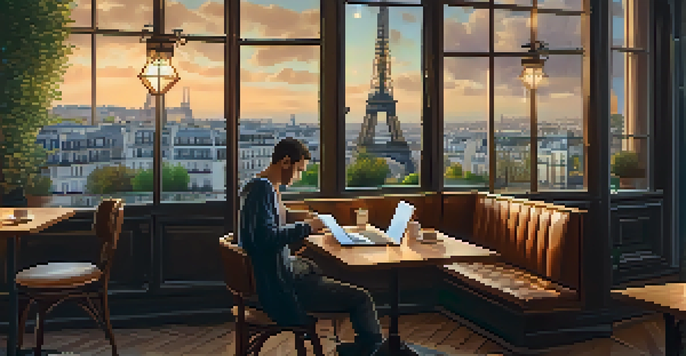 A person working on a laptop in a café with a view of the Eiffel Tower, showcasing a warm and inviting atmosphere.