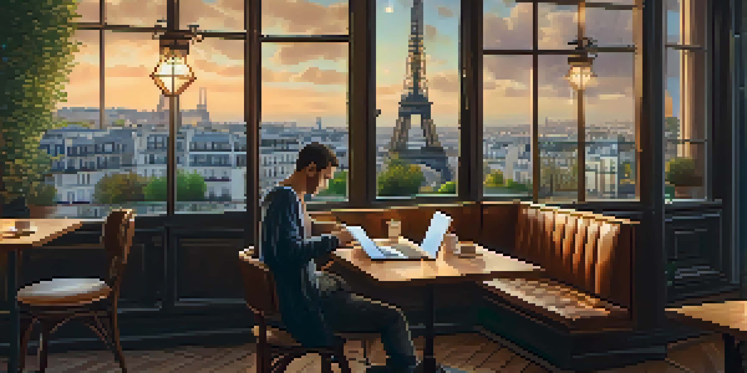 A person working on a laptop in a café with a view of the Eiffel Tower, showcasing a warm and inviting atmosphere.